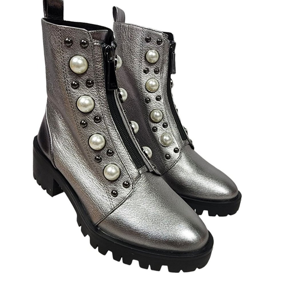 Karl Lagerfeld Paris Women's Size 6 Metallic Leather Pearl Stud Zip Booties